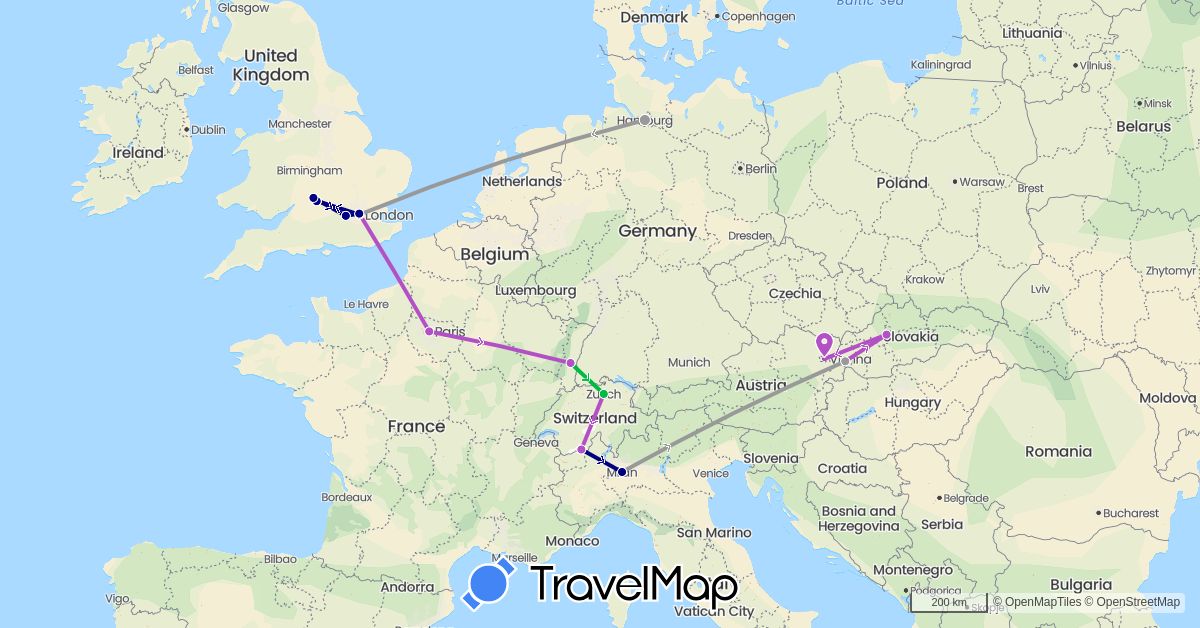 TravelMap itinerary: driving, bus, plane, train in Austria, Switzerland, Germany, France, United Kingdom, Italy, Slovakia (Europe)